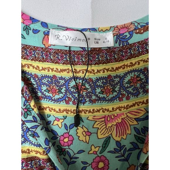 R.Vivimos Women Long Sleeve Floral Print V Neck Tassel Bohemian Midi Dress S 4/6 - Picture 3 of 5